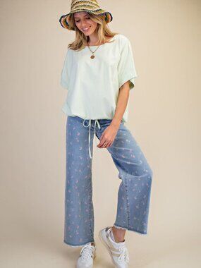 EASEL CHERRY PRINTED WASHED STRETCH TWILL PANTS 97%COTTON 3%SPANDEX